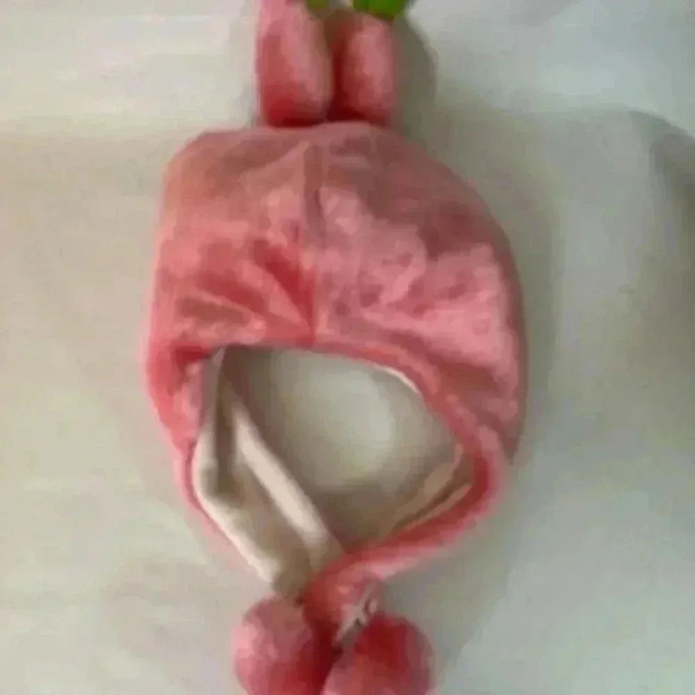 Pink Girl's Hat  Plush Fuzzy Snow beanie Bunny Ears‎ Warm  Fluffy Pom Pom Tie